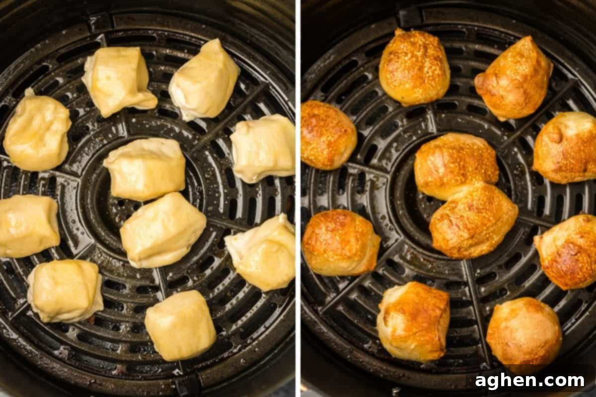 Two image collage of pretzel bites in air fryer basket before and air air frying.