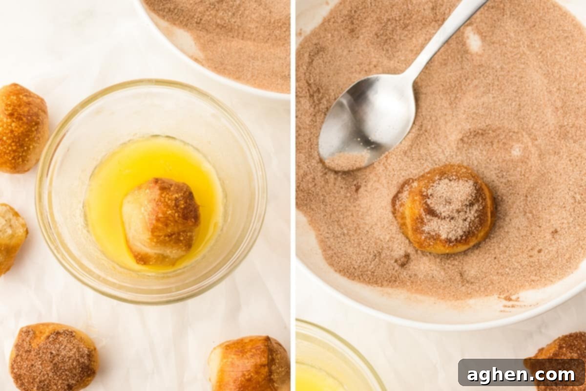 Two image collage of pretzel bite dipped in melted butter and then rolled in cinnamon sugar.