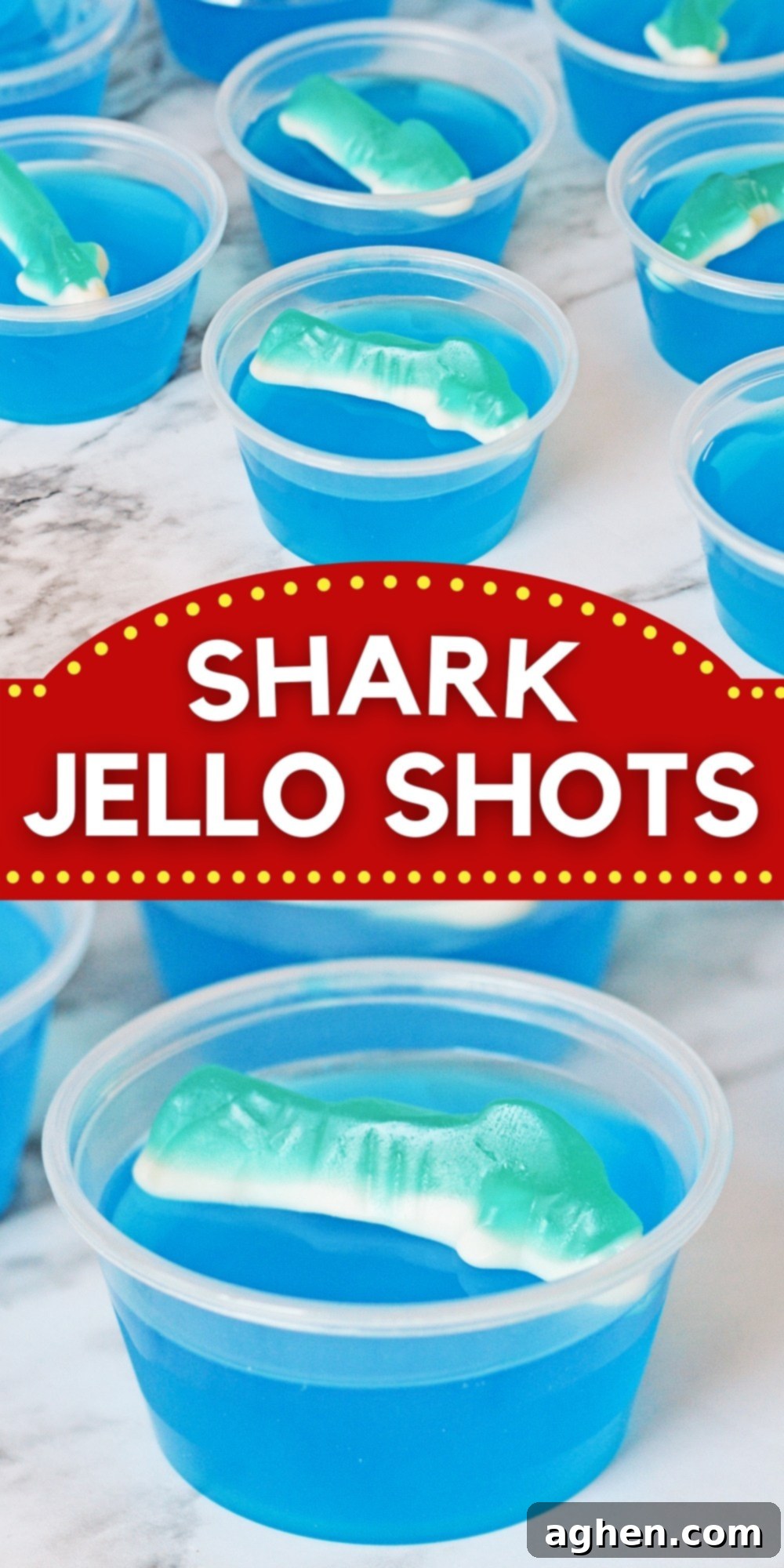 A large, vibrant image of multiple Shark Jello Shots artfully arranged for a party setting.