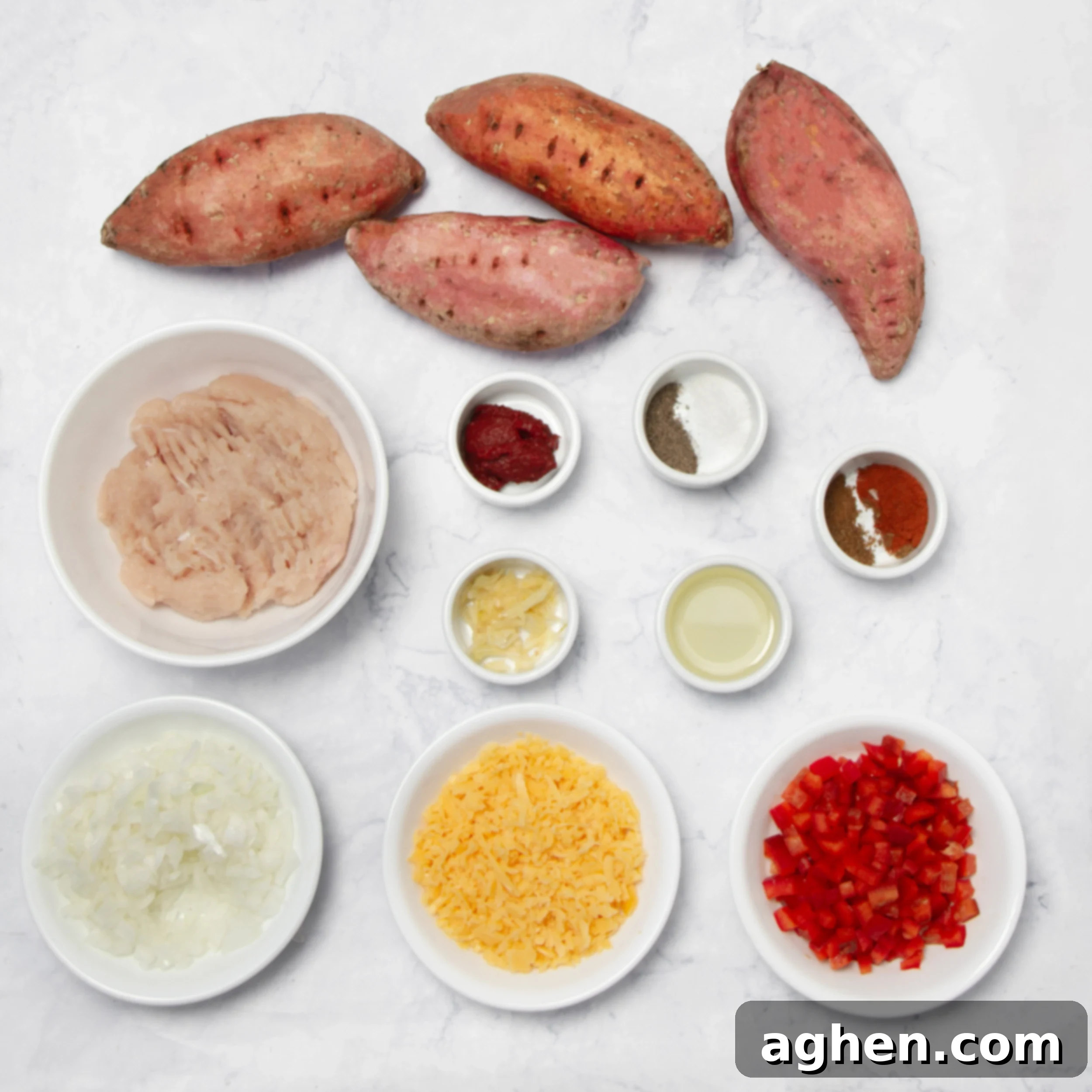 Ingredients for Creamy Baked Turkey-Stuffed Sweet Potatoes in separate dishes. 