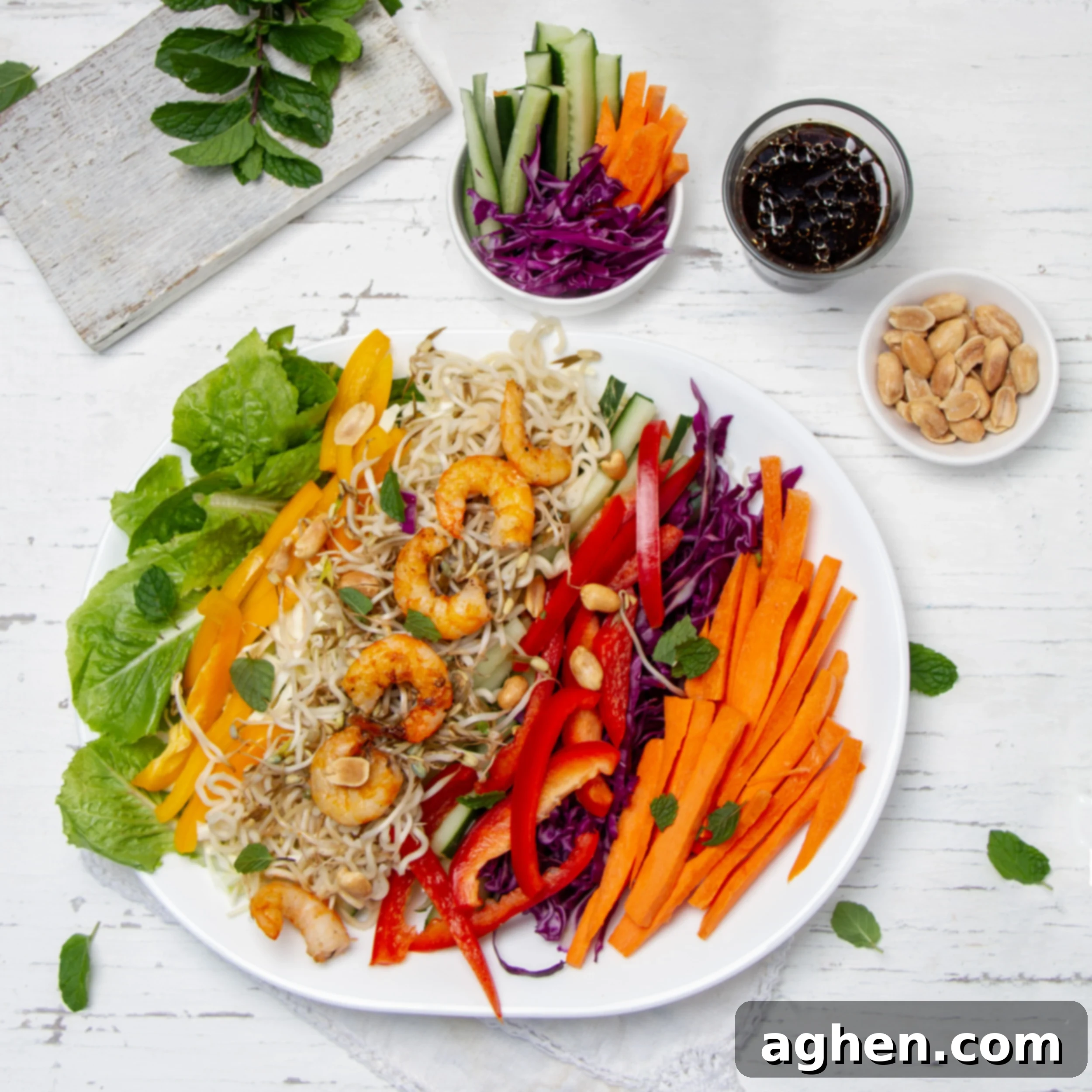 Vietnamese Spring Roll Bowl 2 Crunchy and vibrant Vietnamese Spring Roll in a Bowl with extra sauce on the side, highlighting fresh ingredients.