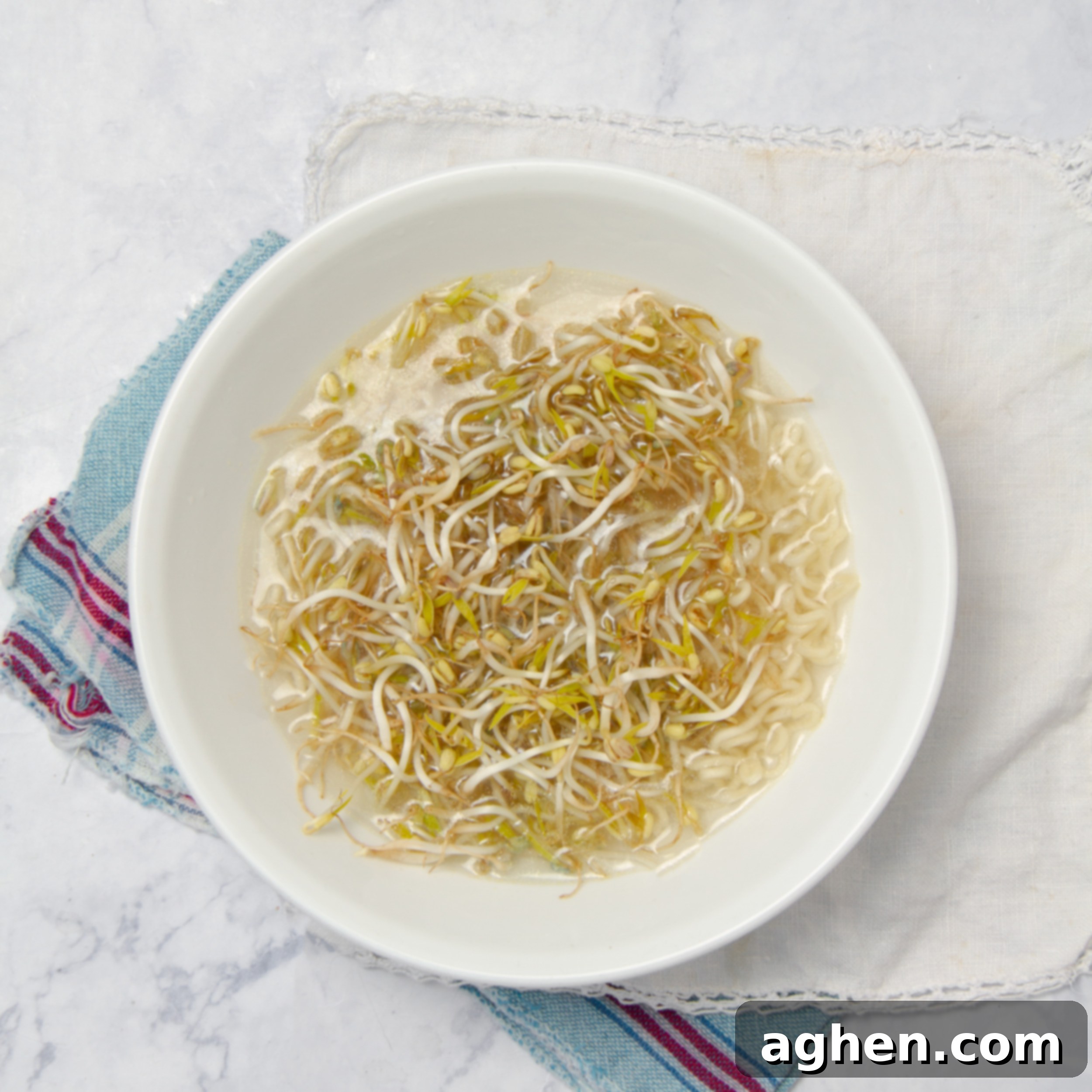 Vietnamese Spring Roll Bowl 5 Bean sprouts soaking in a small bowl of water alongside rice noodles, part of the cooking process.