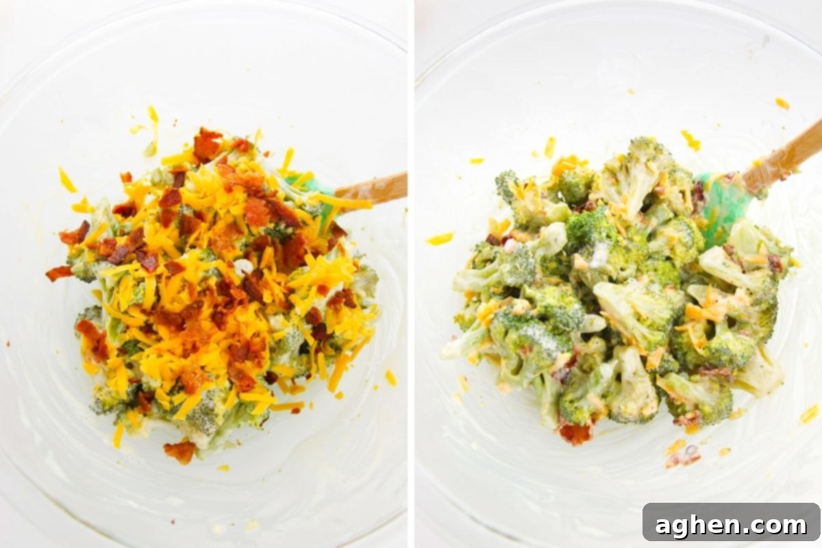 Creamy Bacon Cheddar Broccoli Salad 6 In process photos of broccoli salad being made, before and after mixing ingredients into the homemade dressing.