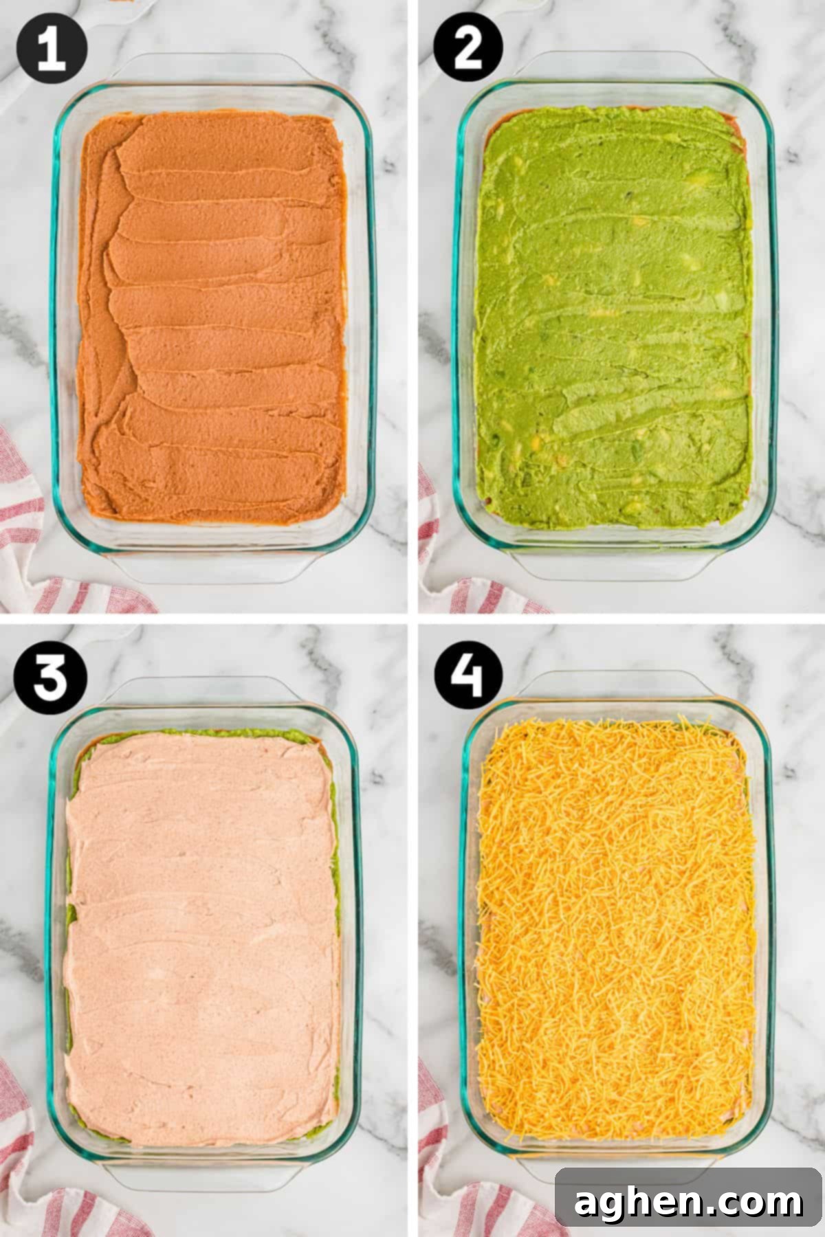 Seven Layer Taco Fiesta 5 Step-by-step process for making a 7-layer dip. Image 1 shows a layer of refried bean dip spread in a glass dish. Image 2 shows a layer of guacamole added on top. Image 3 shows a sour cream and taco seasoning layer spread evenly. Image 4 shows the dish topped with a layer of shredded cheddar cheese.