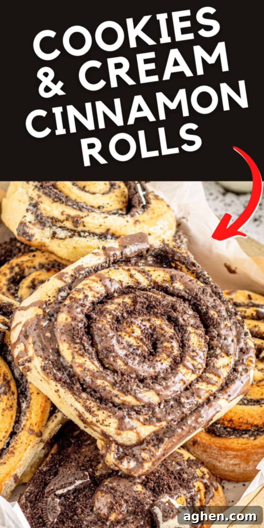 Cookies and Cream Dream Buns 18 Cookies and cream cinnamon rolls. A close up on two fluffy, glazed cinnamon rolls with crushed Oreos, looking incredibly tempting.