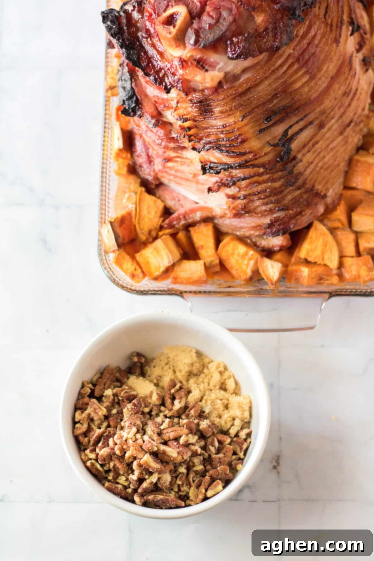 Decadent Pecan Praline Glazed Ham 7 Bowl containing a mix of brown sugar and crushed pecans, prepared for the ham topping.