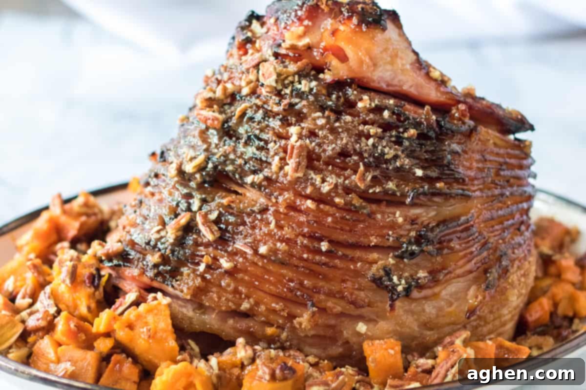 Decadent Pecan Praline Glazed Ham 9 Finished glazed ham with crushed pecans and roasted sweet potatoes, showcasing the delicious holiday meal.