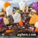 Ghosts in the Graveyard Dessert topped with peeps ghosts, cookie tombstonea, and other Halloween candy.