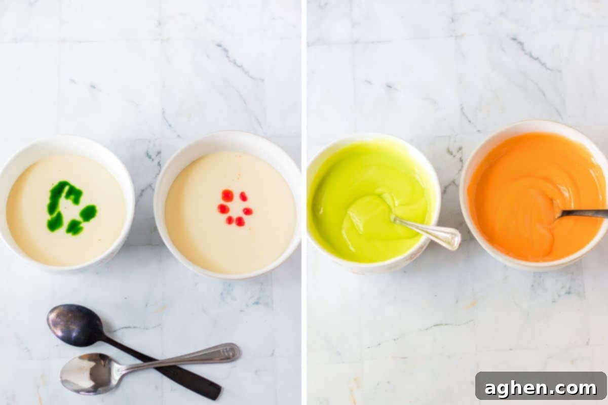 Two image collage of pudding before and after stirring in green and orange food coloring.