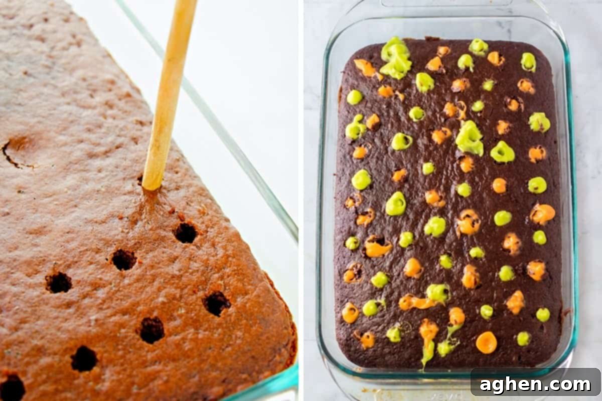 Two image collage of chocolate poke cake before and after filling with pudding.