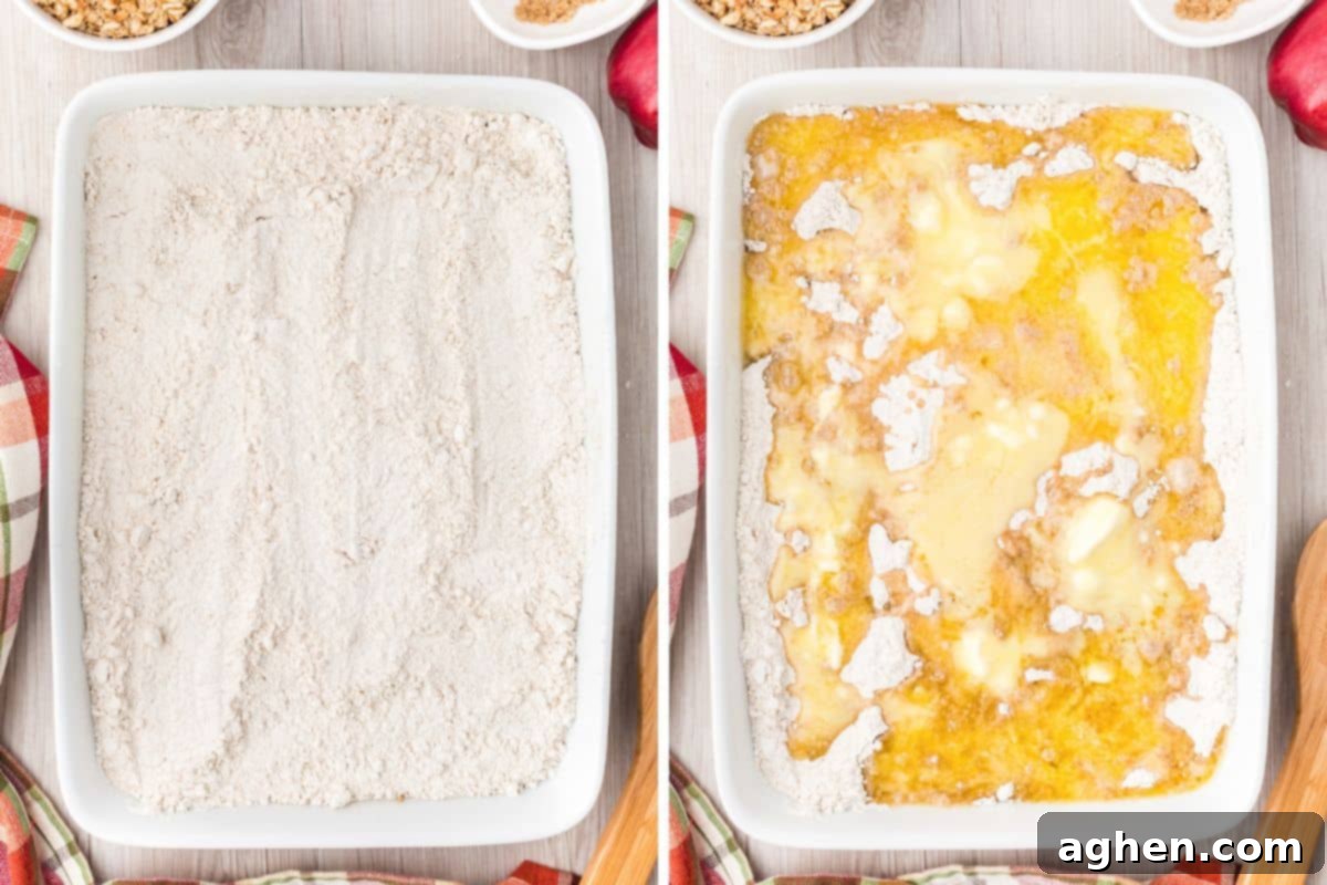 Two image collage of dump cake before and after pouring butter on top.