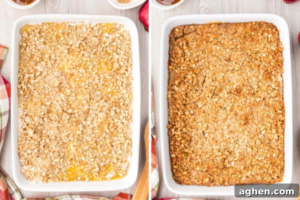 Apple crisp before and after baking until golden brown.