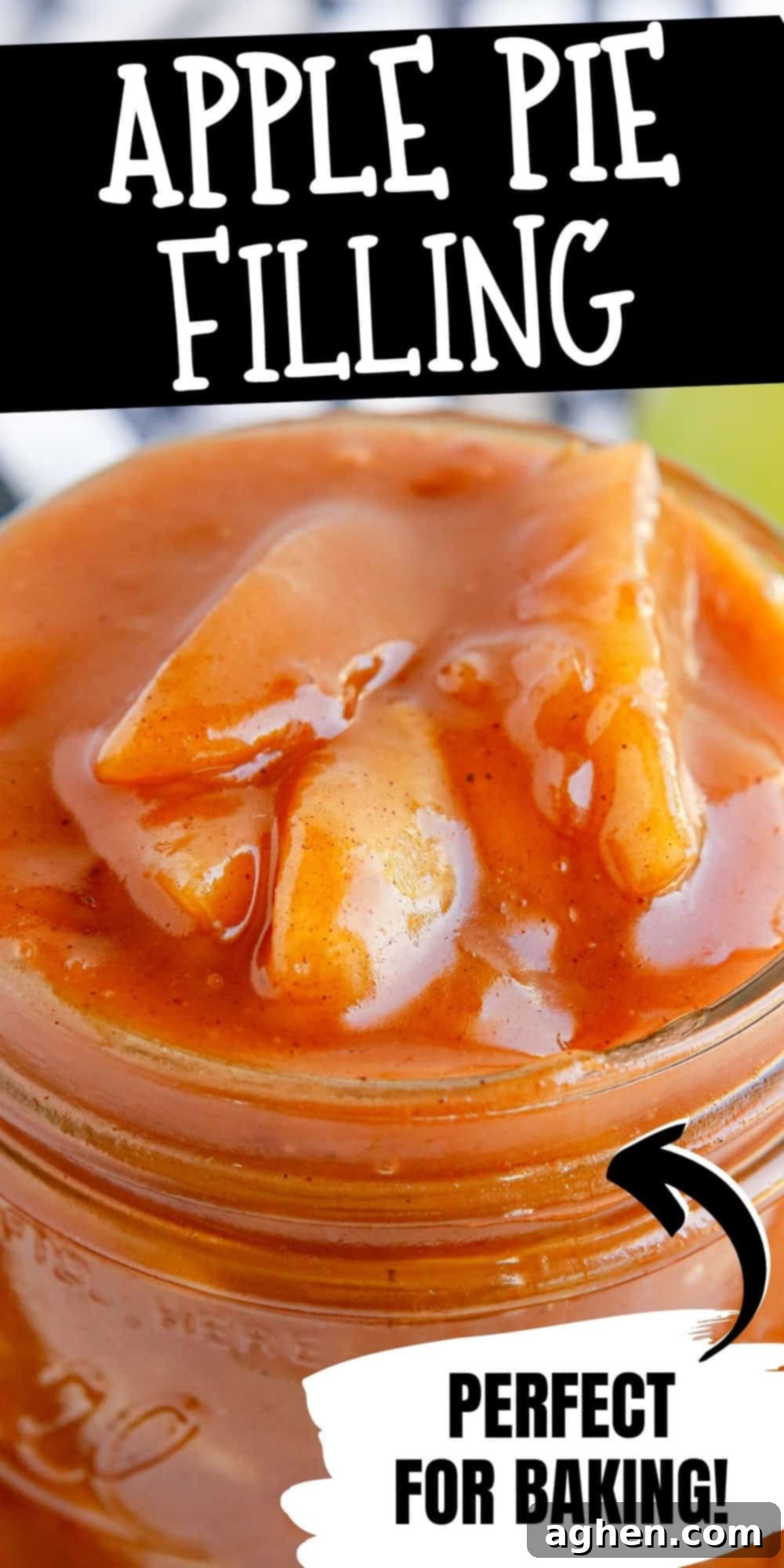 Image for pinterest sharing, reads: Apple pie filling; perfect for baking! This eye-catching graphic features succulent apple slices with a gooey cinnamon sauce.