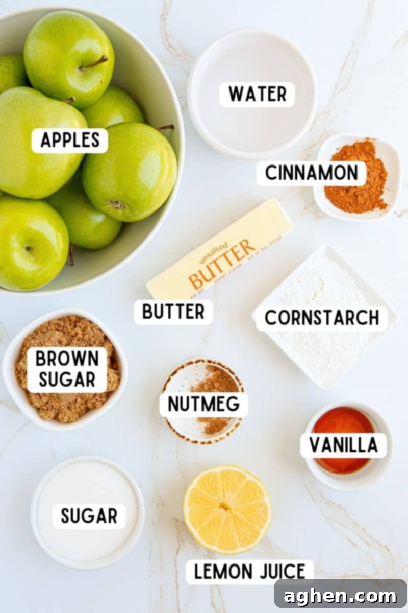A collection of ingredients for homemade apple pie filling, including fresh apples, sugars, spices, and butter.