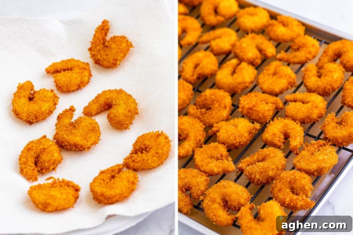 Two image collage of fried panko shrimp on paper towel and on wire rack over sheet pan.