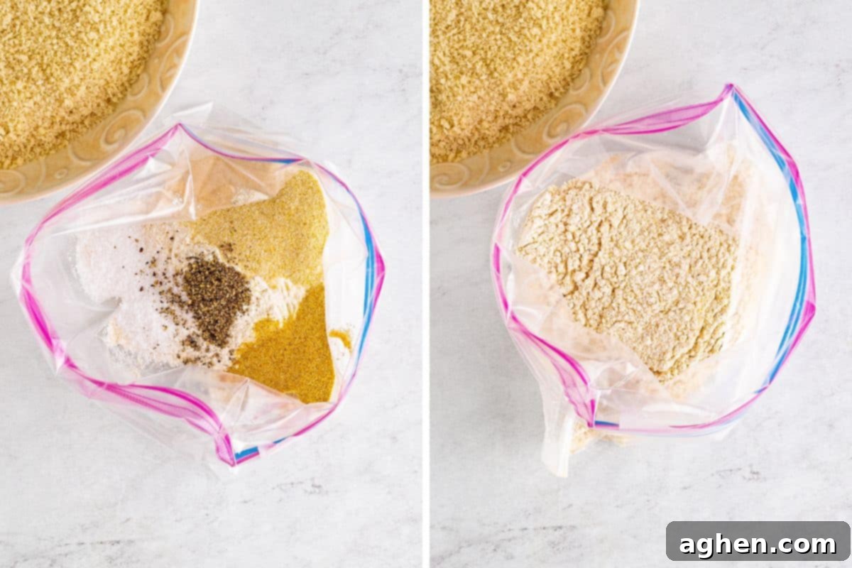 Two image collage of flour and seasoning in zip top baggie before and after mixing.
