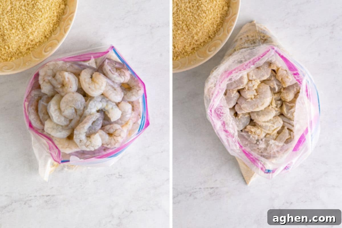 Raw shrimp in baggie before and after being shaken with seasoned flour mixture.