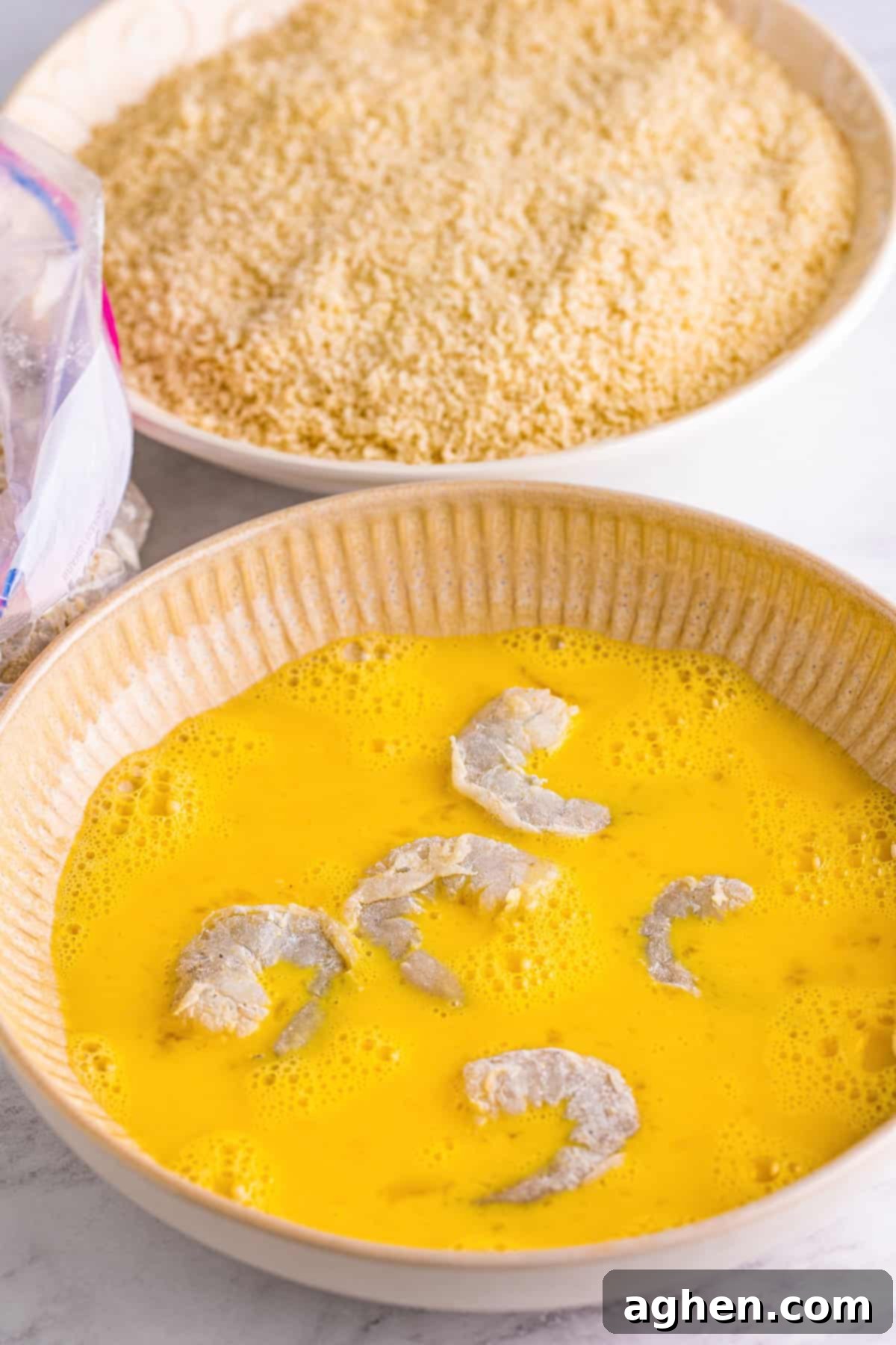 Shrimp in egg mixture.