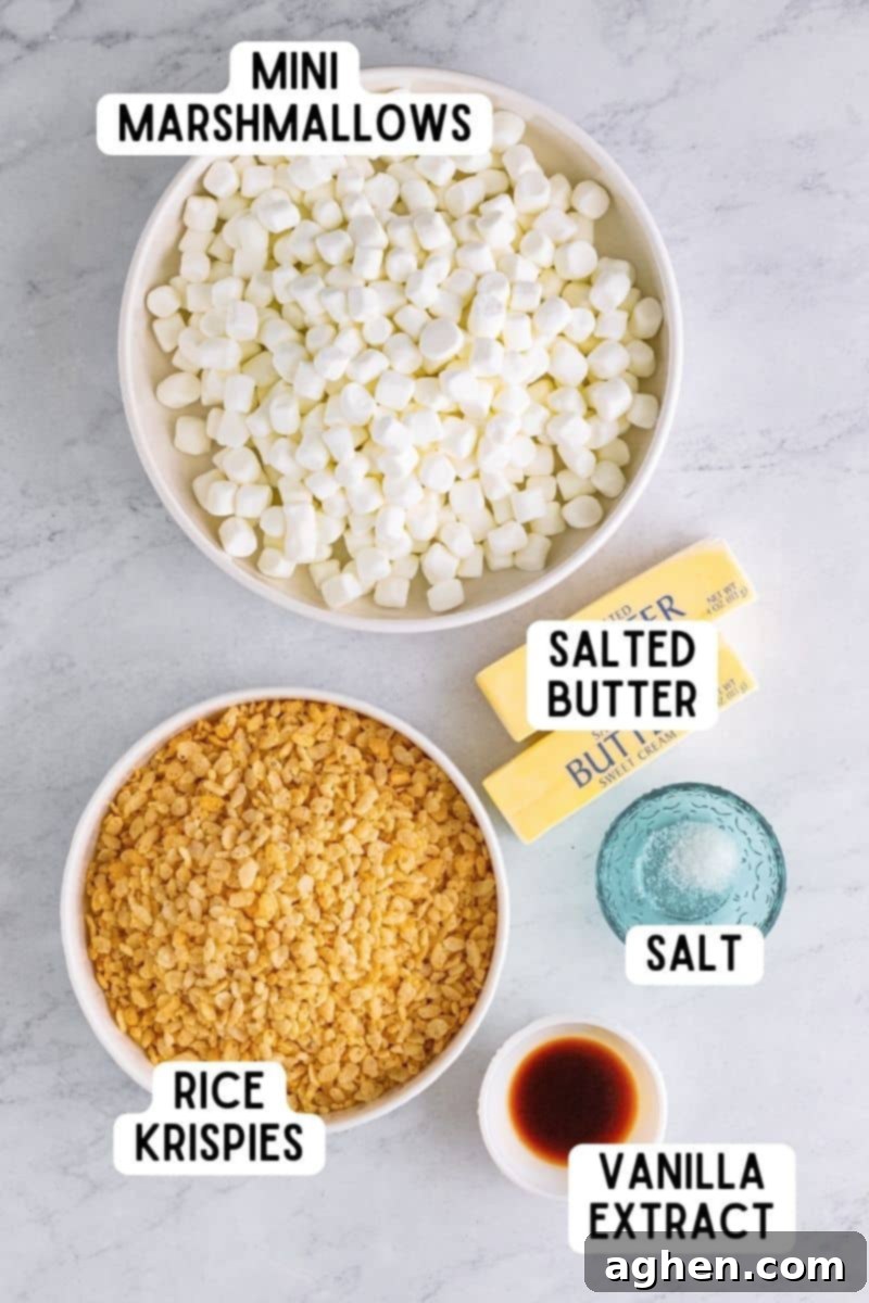 All the essential ingredients for homemade Rice Krispies Treats, including butter, marshmallows, vanilla, salt, and crispy rice cereal, laid out neatly.