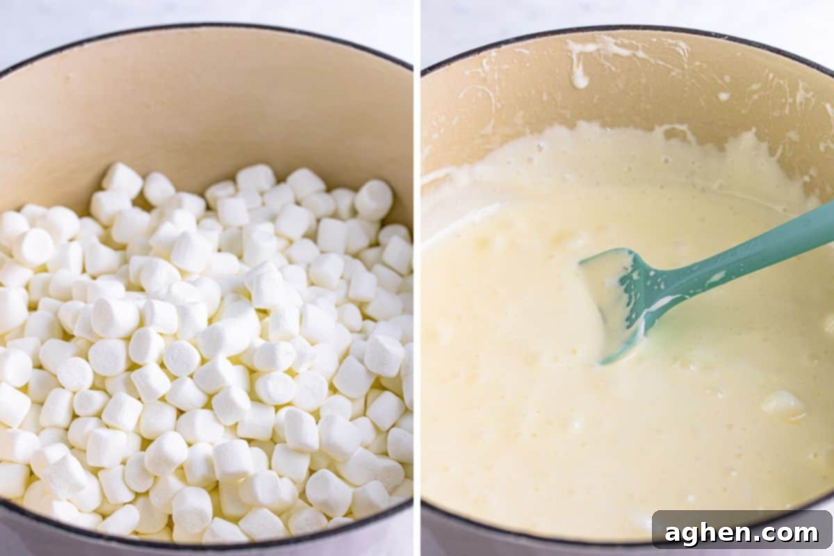 A two-image collage showing mini marshmallows being added to melted butter in a pot, followed by the smooth, perfectly melted marshmallow mixture after stirring.