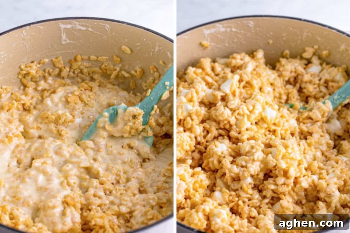 A two-image collage showing crispy rice cereal being stirred into the gooey marshmallow mixture in a large pot, creating the delicious base for the treats.