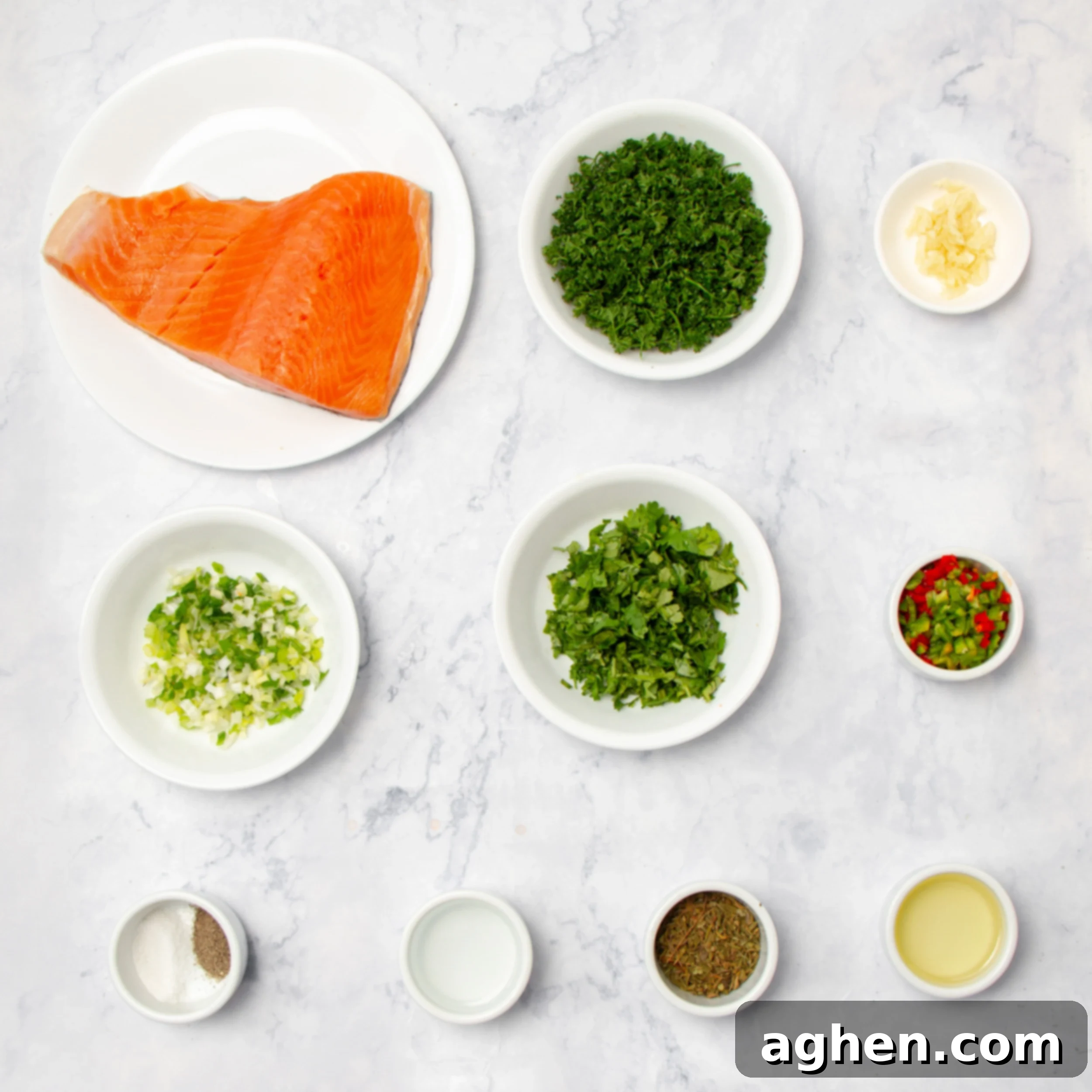 Chimichurri Salmon: My Go-To Fish 3 Chimichuri Salmon ingredients in separate dishes on a counter.