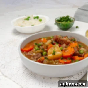 The Improvised Feast 8 Hearty and comforting Milligan Stew in a bowl with a bowl of fresh herbs and rice on the side.