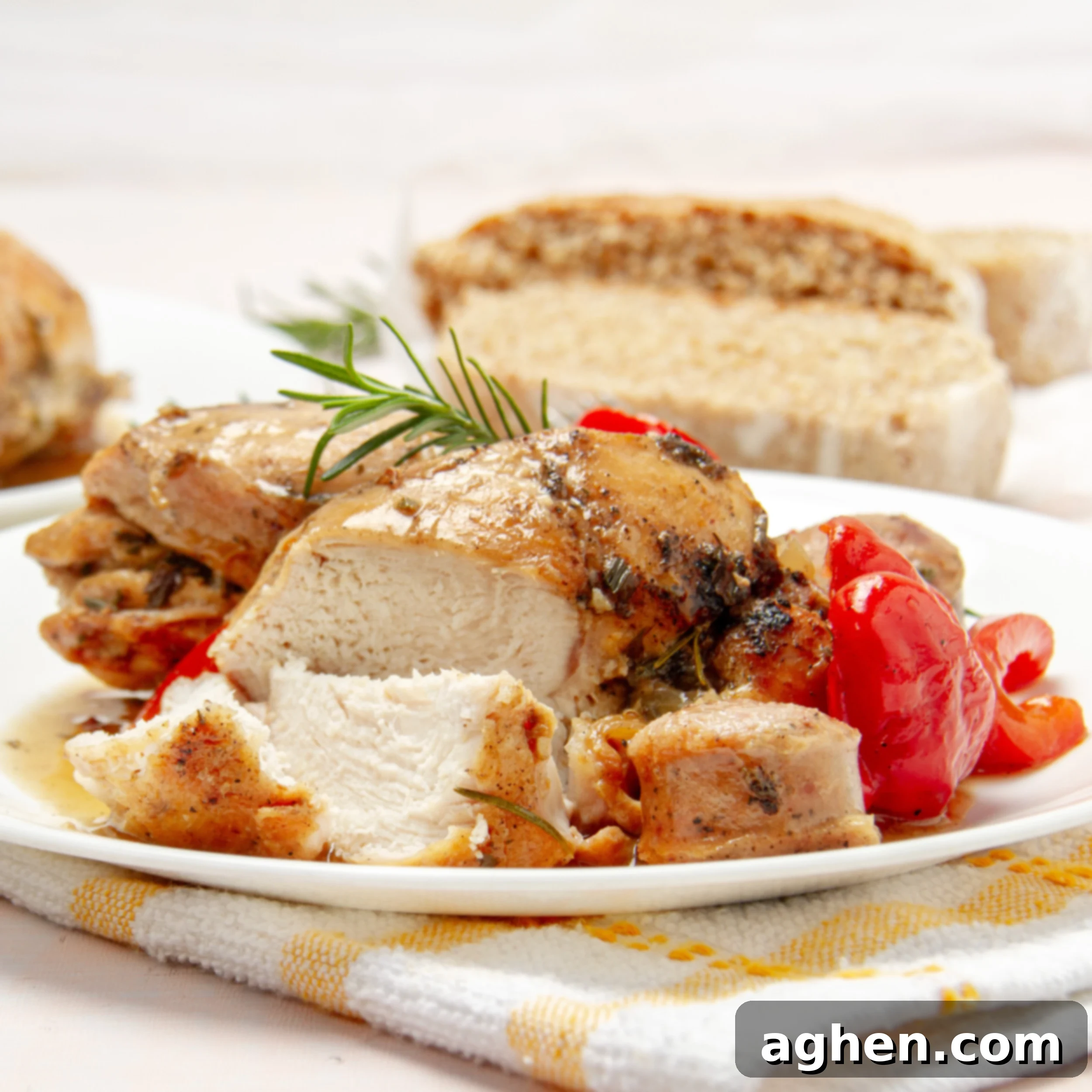 Delicious Italian Chicken Scarpariello with baby red peppers on a plate with bread on the side. 
