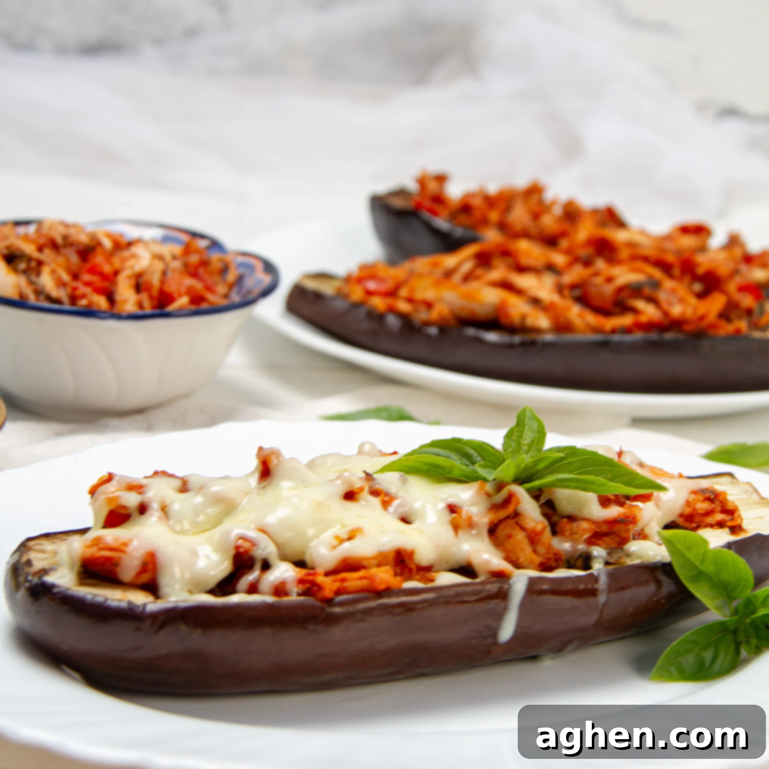 Savory Stuffed Eggplant 2 Italian-inspired Baked Stuffed Eggplant on a plate with cheese and extra sauce on the side.