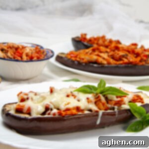 Savory Stuffed Eggplant 8 Italian-inspired Baked Stuffed Eggplant on a plate with cheese and extra sauce on the side.