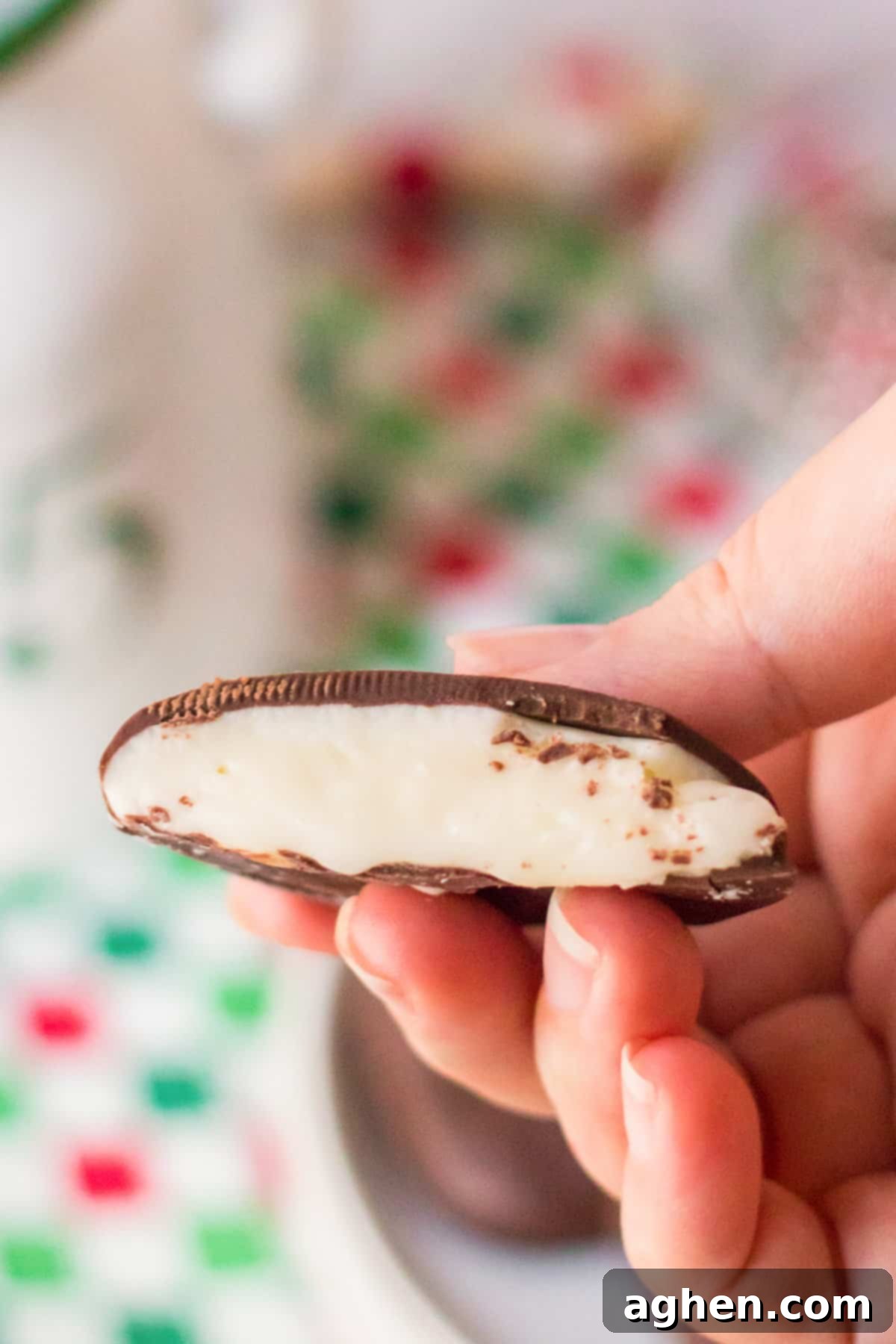 Easy Homemade Peppermint Patties 3 Homemade peppermint patty candy cut in half to show peppermint filling.