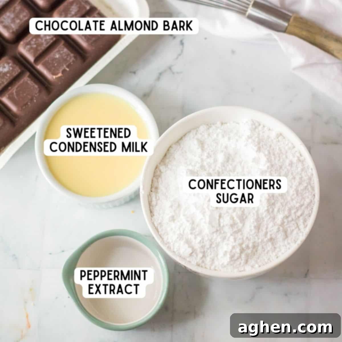 Easy Homemade Peppermint Patties 4 Peppermint patty candy ingredients: chocolate almond bark, confections sugar, peppermint extract, and sweetened condensed milk.