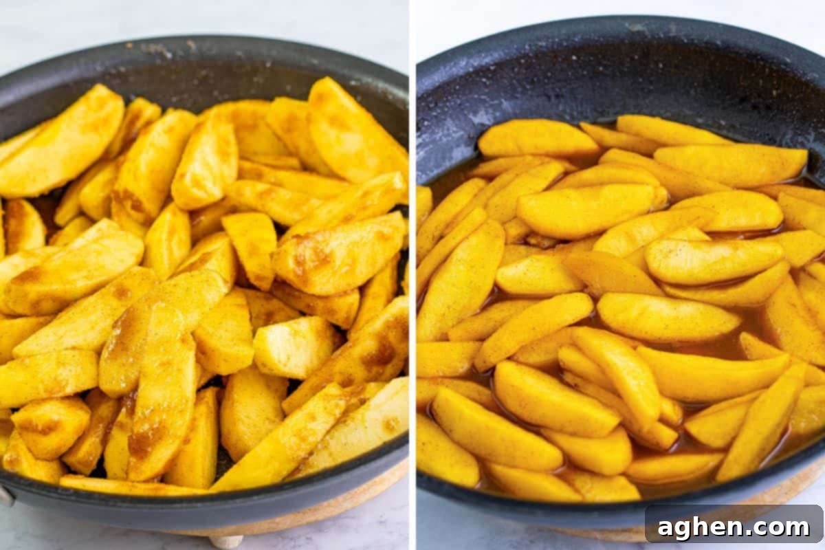 Two image collage of apples in skillet before and after cooking.