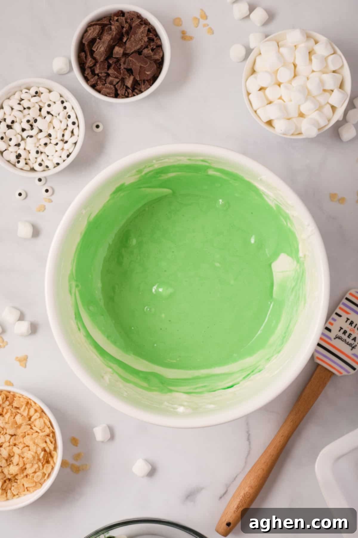 Green marshmallow mixture in bowl.