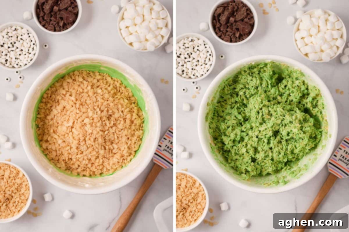 Two image collage of cereal being added to marshmallow mixture, before and after stirring to coat.