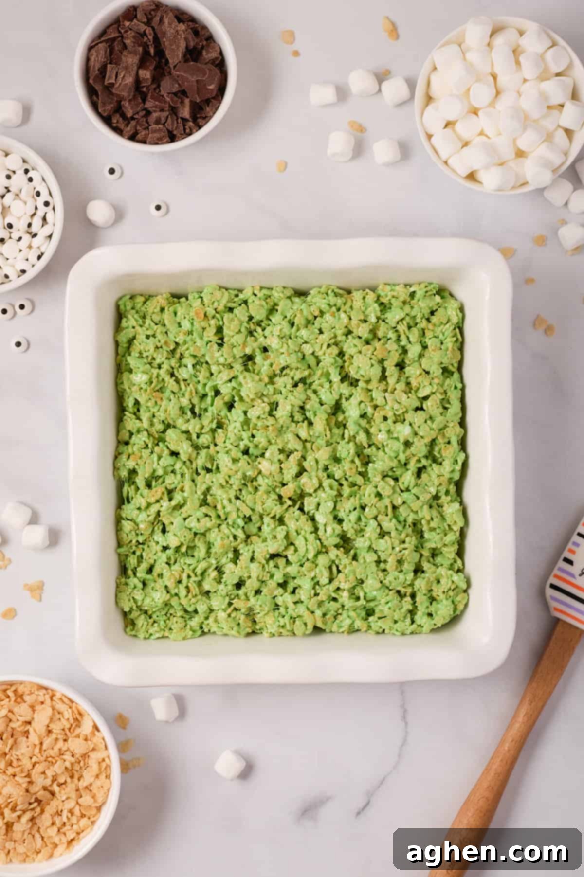 Green cereal mixture in pan.