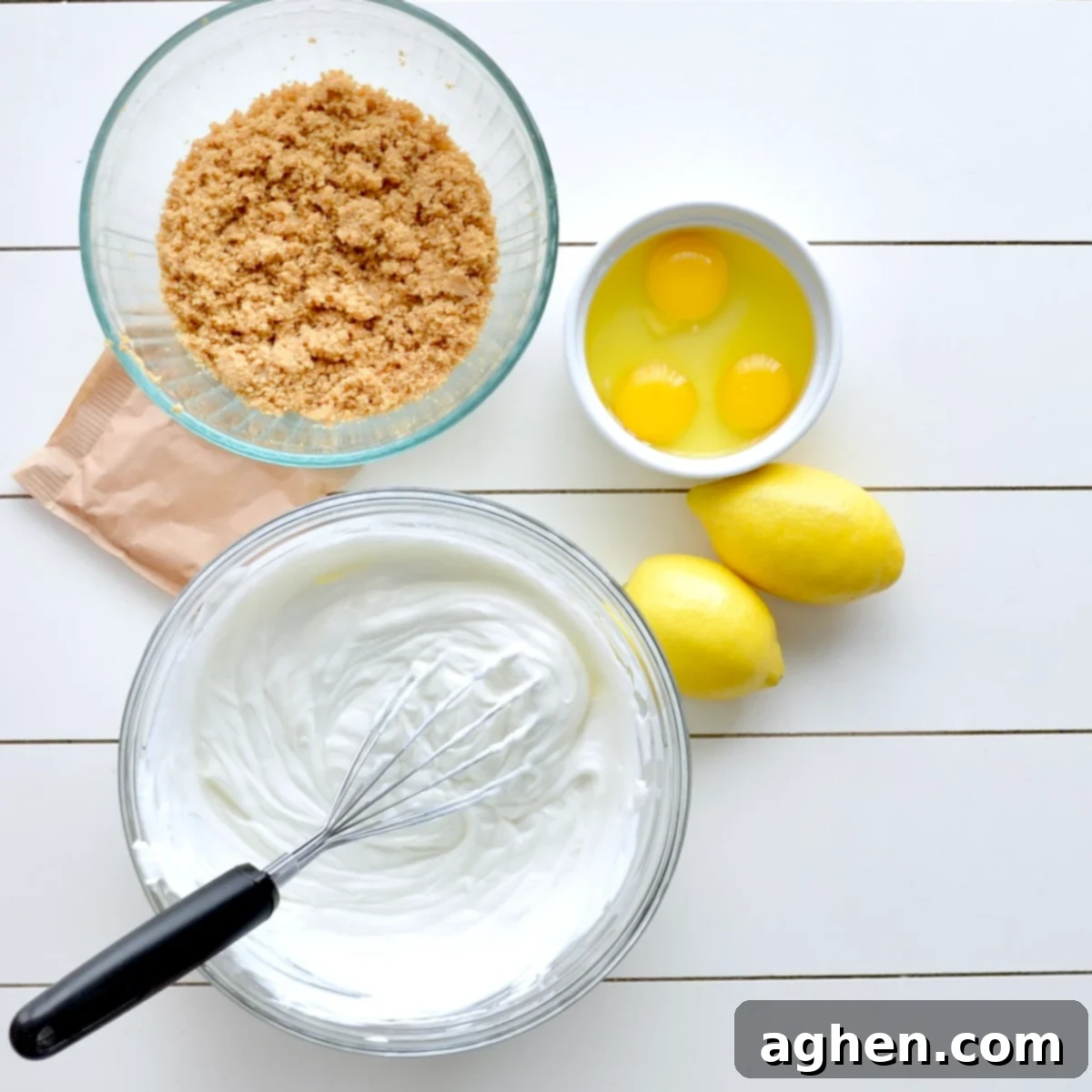 Two images side by side showing the process: one for mixing the crust and one for mixing the cheesecake filling.