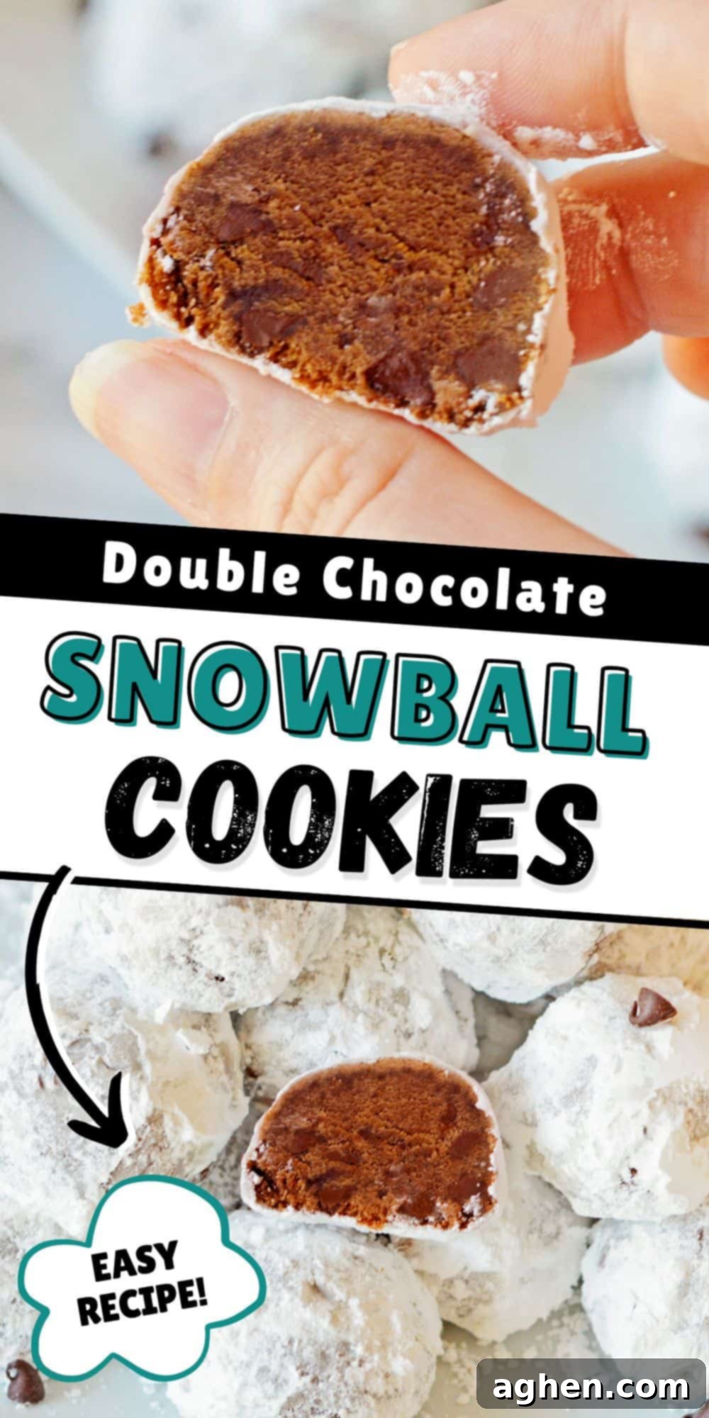 Decadent Double Chocolate Snowballs 14 Double chocolate snowball cookies; an easy and decadent recipe, perfect for sharing on Pinterest.
