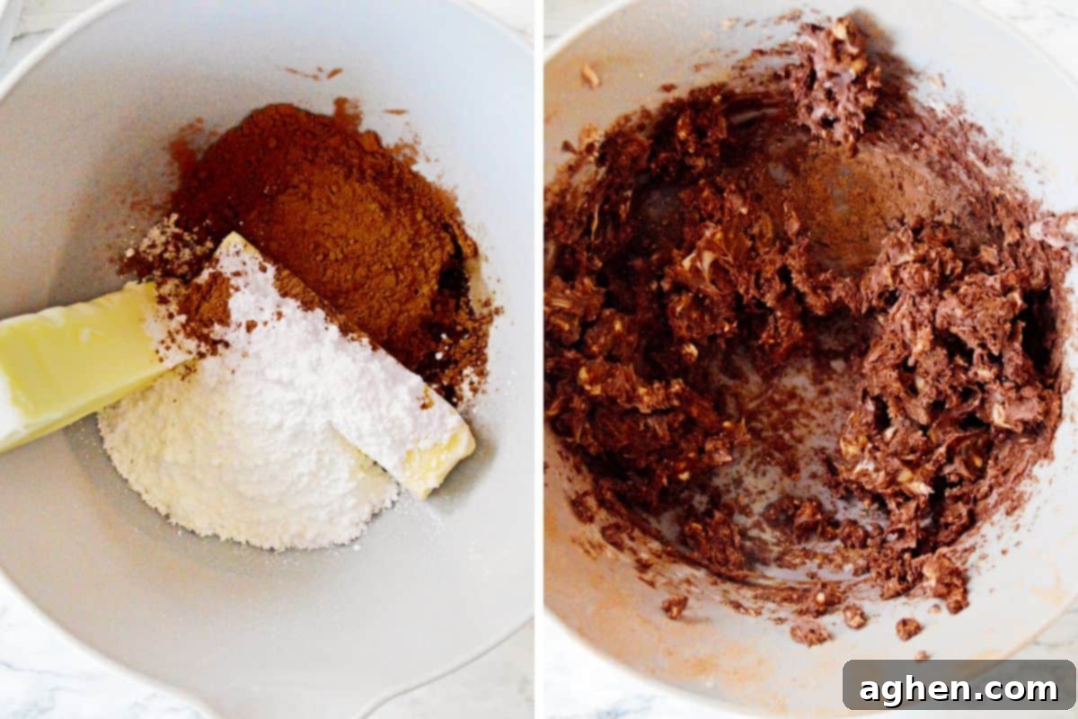 Decadent Double Chocolate Snowballs 5 Two images side-by-side. On the left, butter, powdered sugar, and cocoa powder are in a mixing bowl before combining. On the right, the same ingredients are mixed until smooth and fluffy, showcasing the transformation.