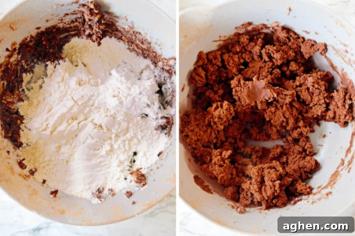 Decadent Double Chocolate Snowballs 6 Two images side-by-side showing the cookie dough. On the left, flour and salt are freshly added. On the right, the ingredients are fully combined into a smooth, even cookie dough.