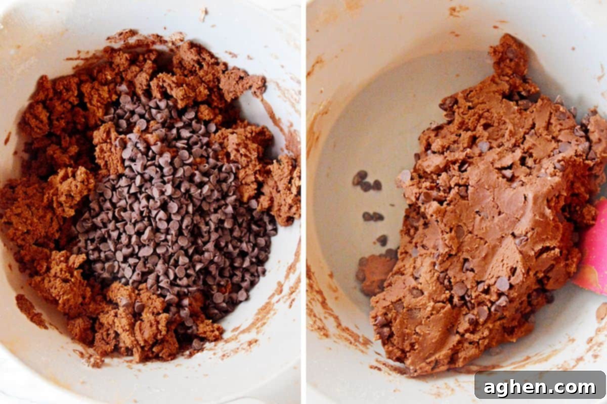 Decadent Double Chocolate Snowballs 7 Two images side-by-side showcasing the cookie dough. On the left, mini chocolate chips are waiting to be mixed in. On the right, they are perfectly folded into the chocolate cookie dough.