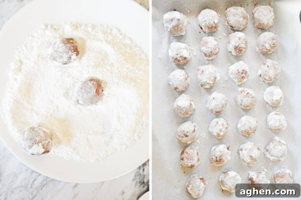 Decadent Double Chocolate Snowballs 9 A two-image collage. The left image shows chocolate cookies being rolled in powdered sugar. The right image displays powdered sugar coated cookies neatly arranged on a lined baking sheet.