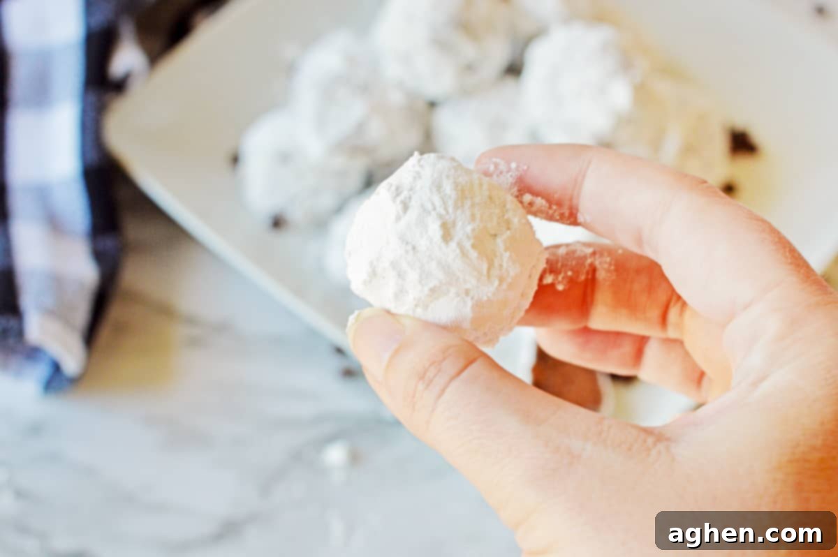 Decadent Double Chocolate Snowballs 10 A hand gently holding a single, perfectly coated double chocolate snowball cookie, highlighting its inviting texture and rich color.