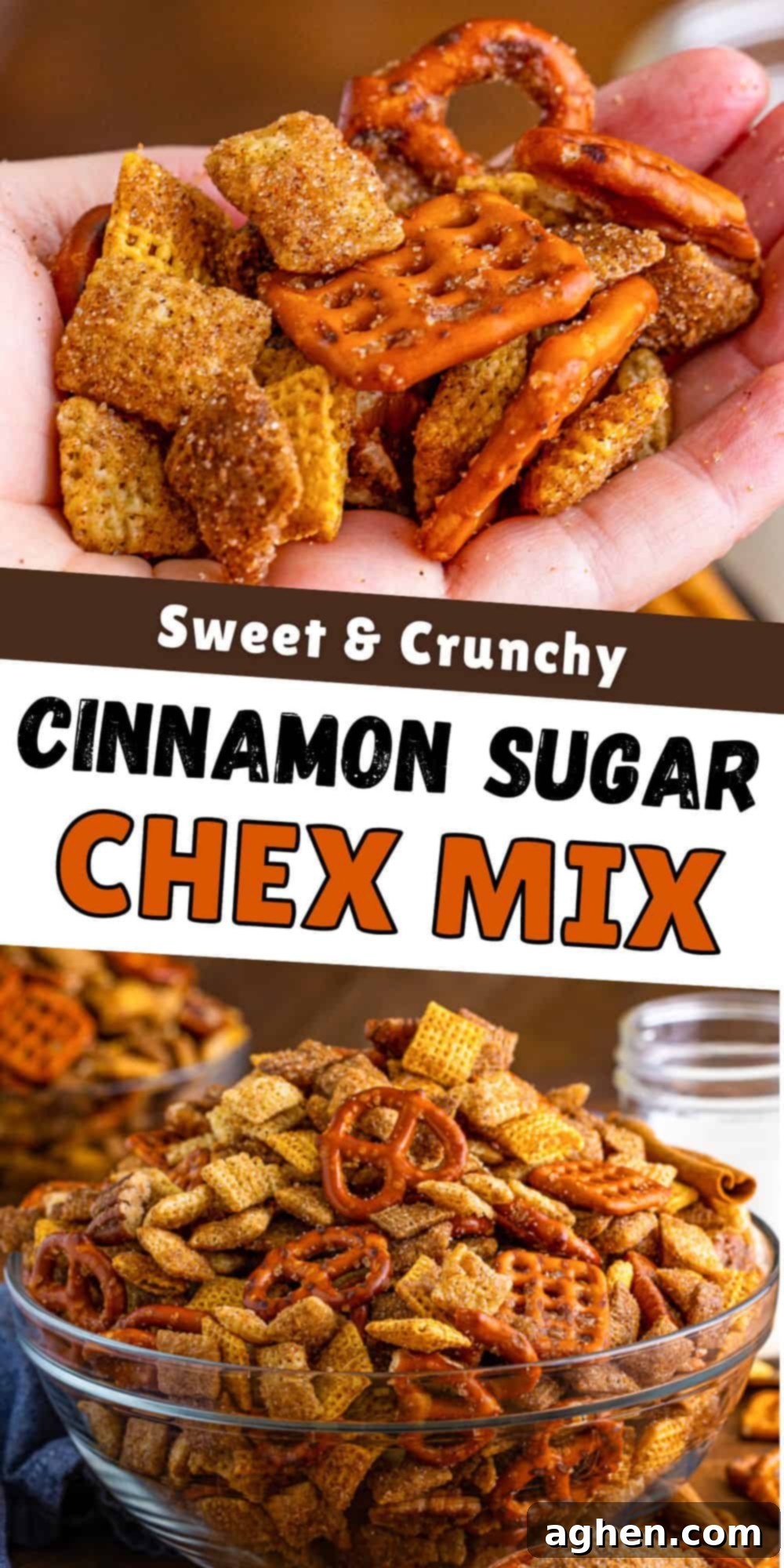 A vibrant, close-up image of Sweet and crunchy Cinnamon Sugar Chex Mix, ideal for sharing on Pinterest.