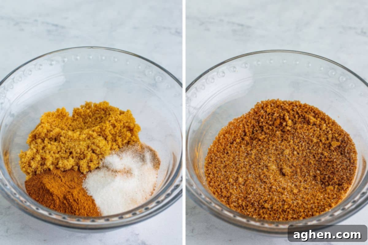 Left: Individual ingredients for the crunchy topping (brown sugar, granulated sugar, cinnamon) in a small bowl. Right: The same bowl with the ingredients fully stirred and combined.