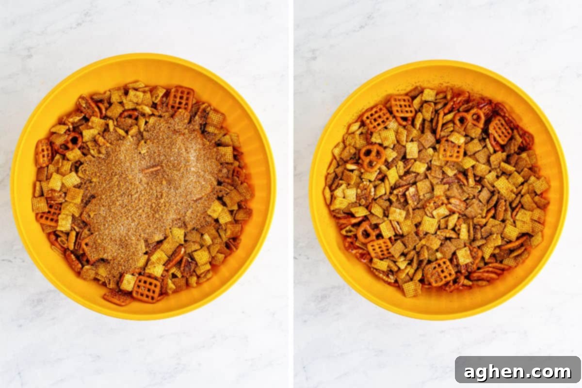 Left: Cinnamon Sugar Chex Mix in a mixing bowl with the additional cinnamon sugar topping being sprinkled on. Right: The same mix after being tossed, showing an even coating of the final topping.