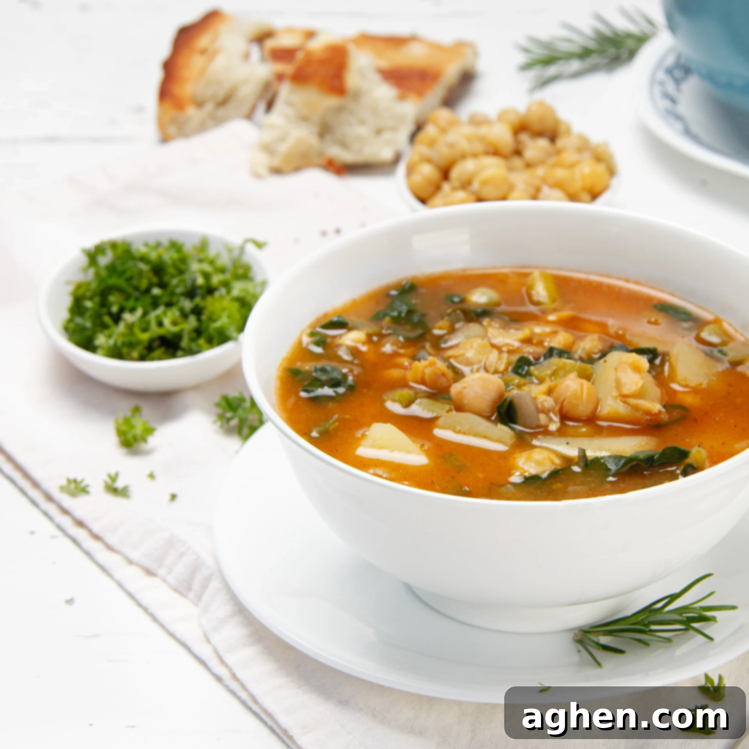 Minestrone's Spring Awakening: A Fresh Spin on the Classic 2 Light yet hearty Spring Minestrone soup with fresh herbs on the side, showcasing vibrant green vegetables and a clear, flavorful broth.
