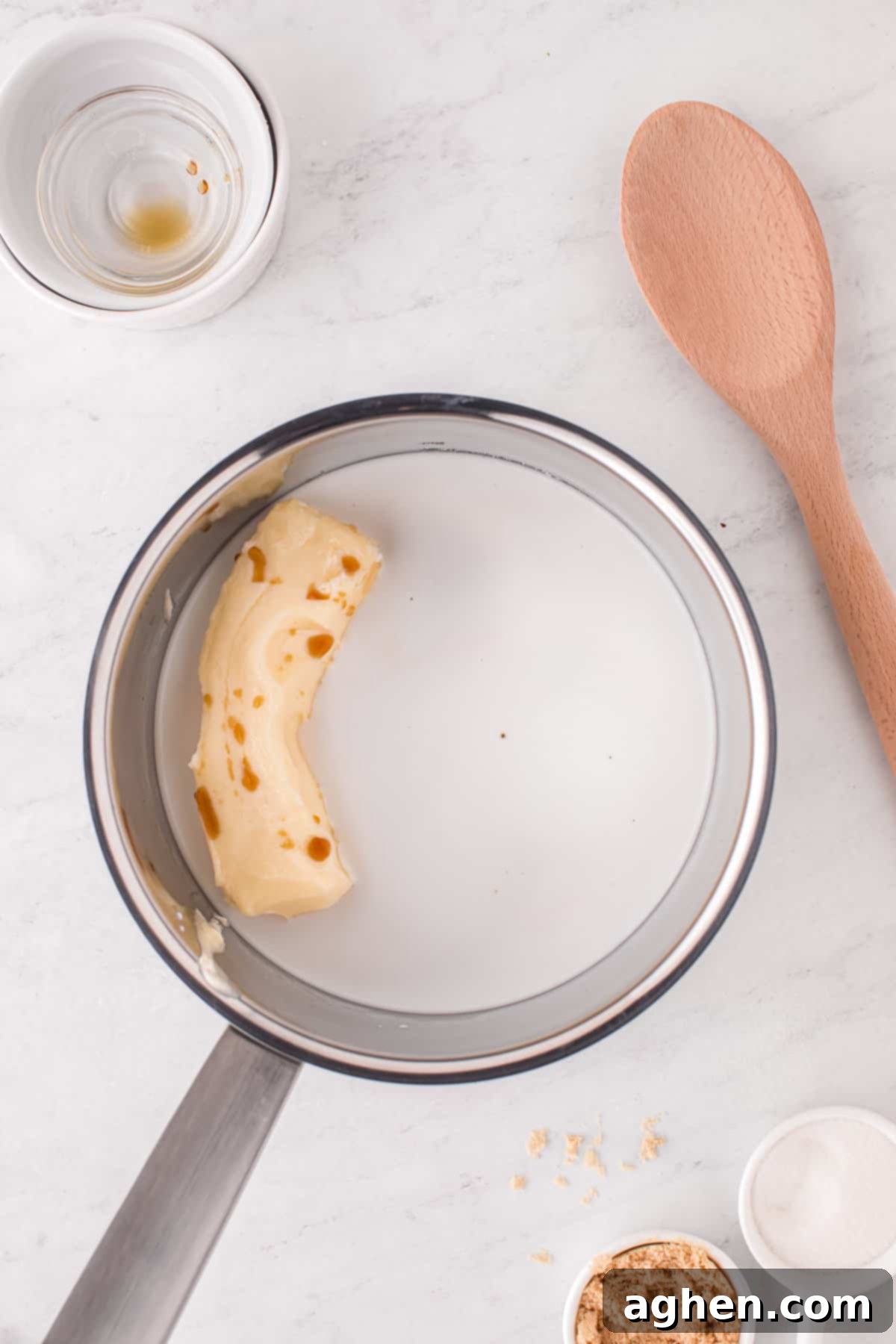 Perfect Homemade Caramel 5 Saucepan with ingredients before heating.
