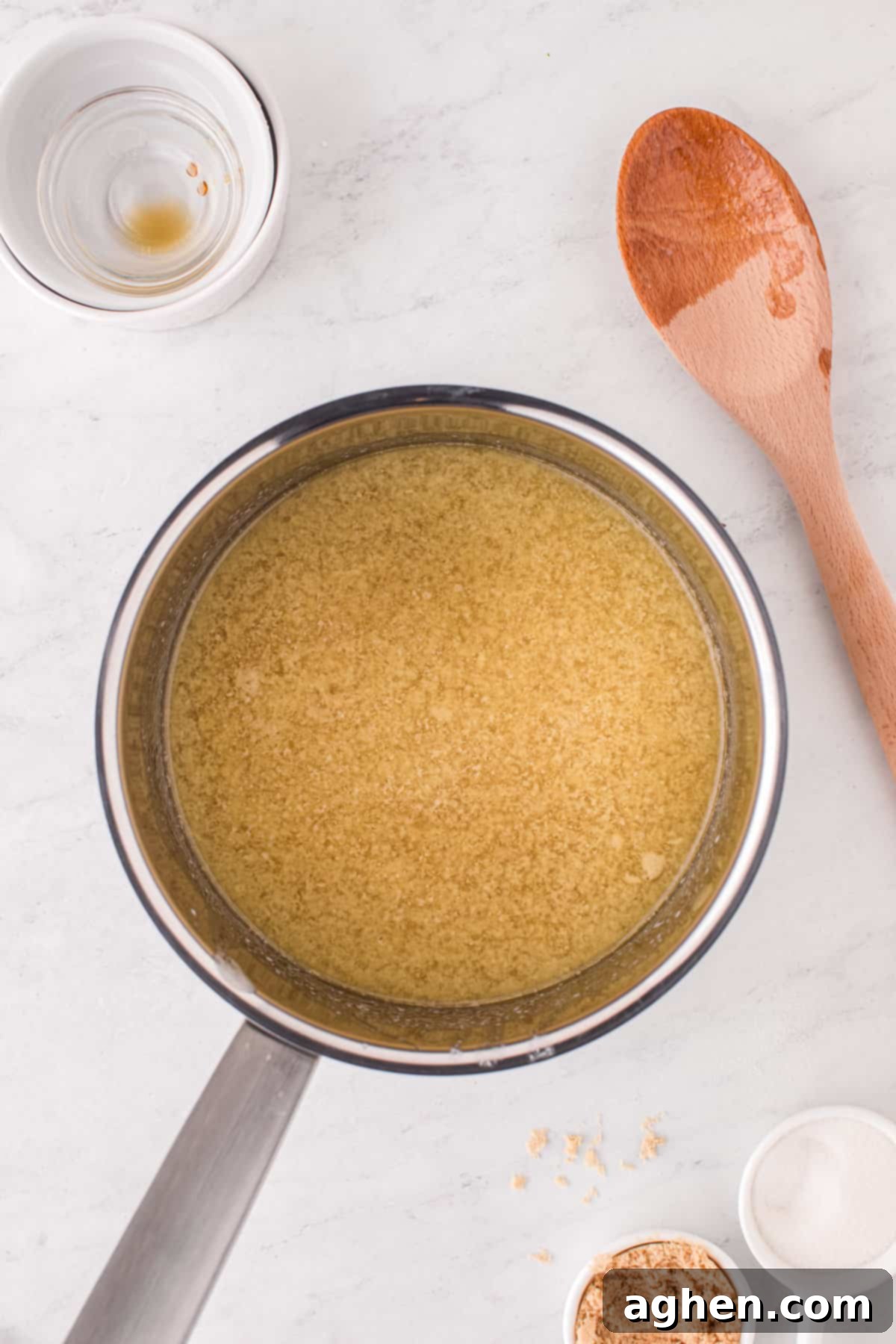 Perfect Homemade Caramel 6 Pot with butter melted and ingredients stirred together.