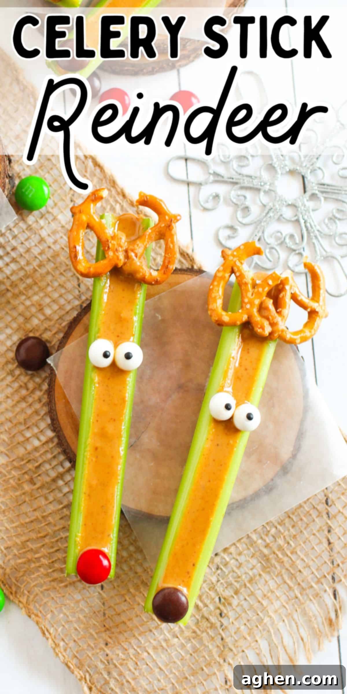 Festive Peanut Butter Antler Crunch 12 Celery Stick Reindeer Pinterest image.